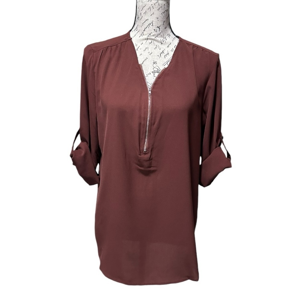 JustFashionNow Chiffon Long Sleeve Brown Blouse Size Medium NWT
